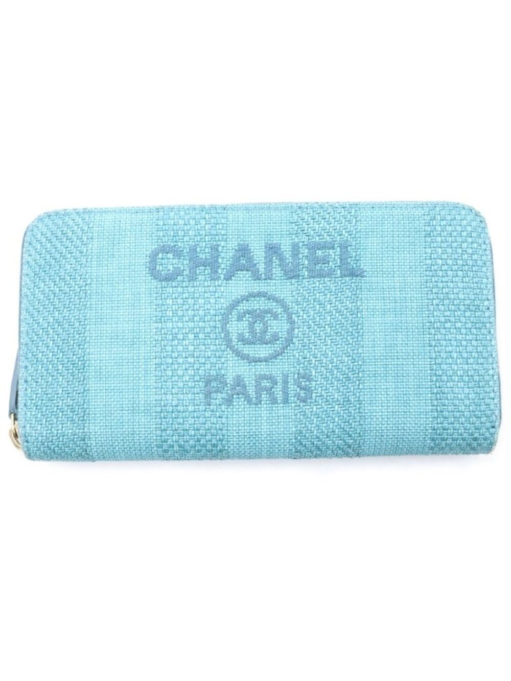 Chanel Tweed Deauville Zip Around Wallet Light Blue Gold